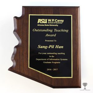 Arizona Shaped walnut plaque engraved by Tempe Trophy for ASU WP Carey School of Business.