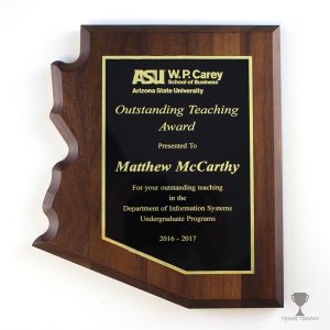 Arizona Shaped walnut plaque engraved by Tempe Trophy for ASU WP Carey School of Business.