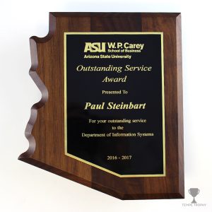 Arizona Shaped walnut plaque engraved by Tempe Trophy for ASU WP Carey School of Business.