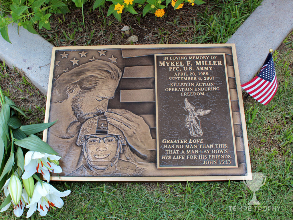 Bronze cast plaque dedicated to Mykel Miller 