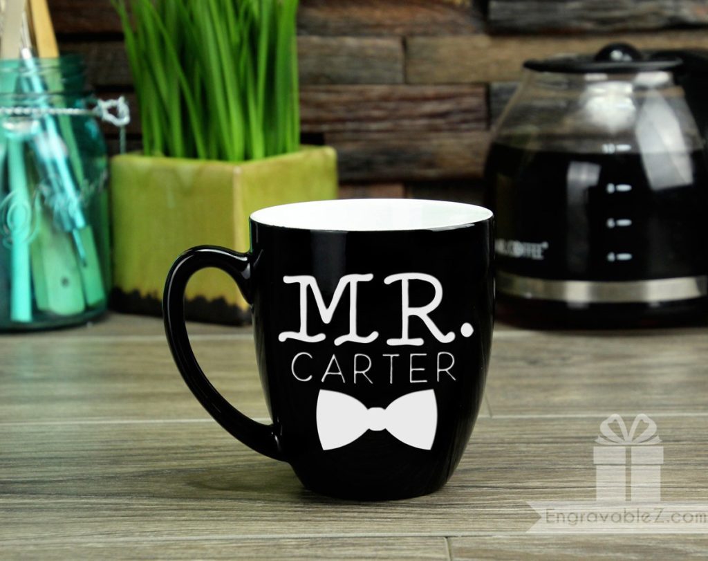 Custom Pair of Mugs - Black and White Wedding Set - Image 7