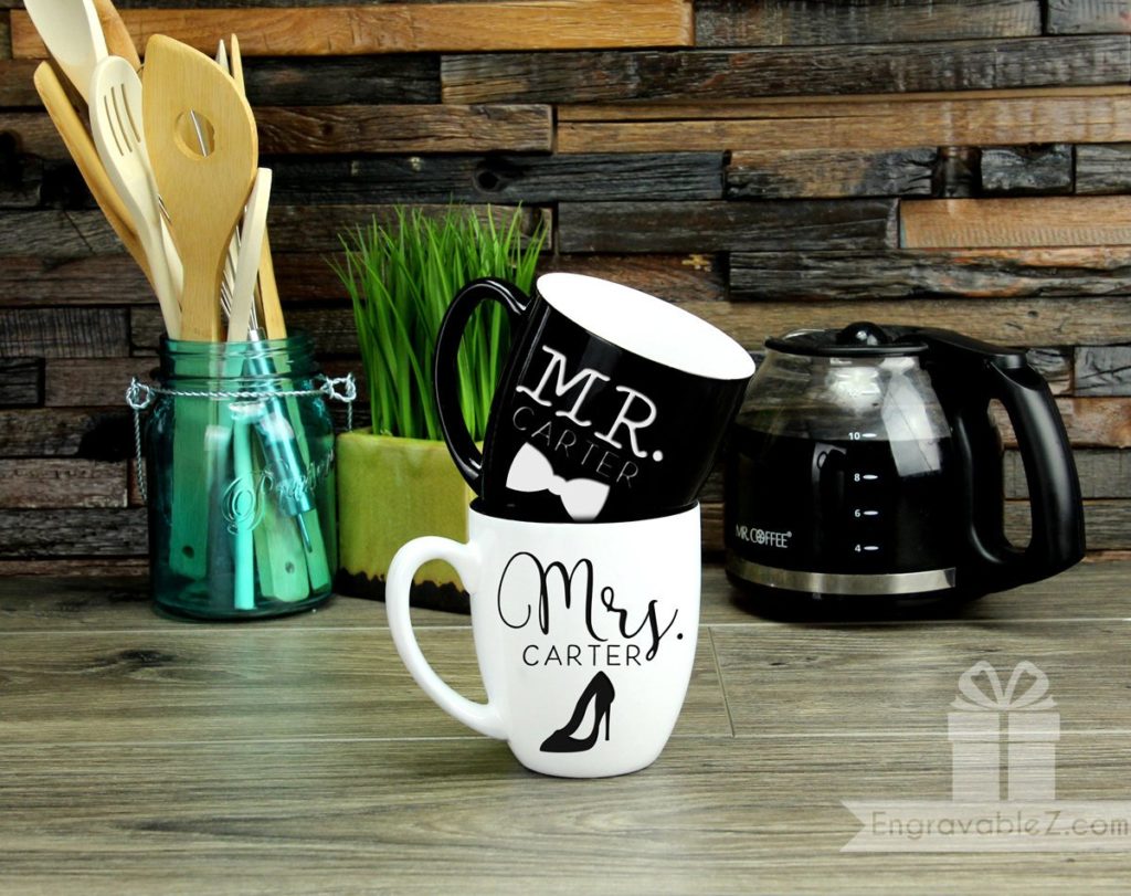 Custom Pair of Mugs - Black and White Wedding Set - Image 2