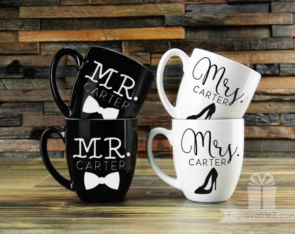 Custom Pair of Mugs - Black and White Wedding Set - Image 8