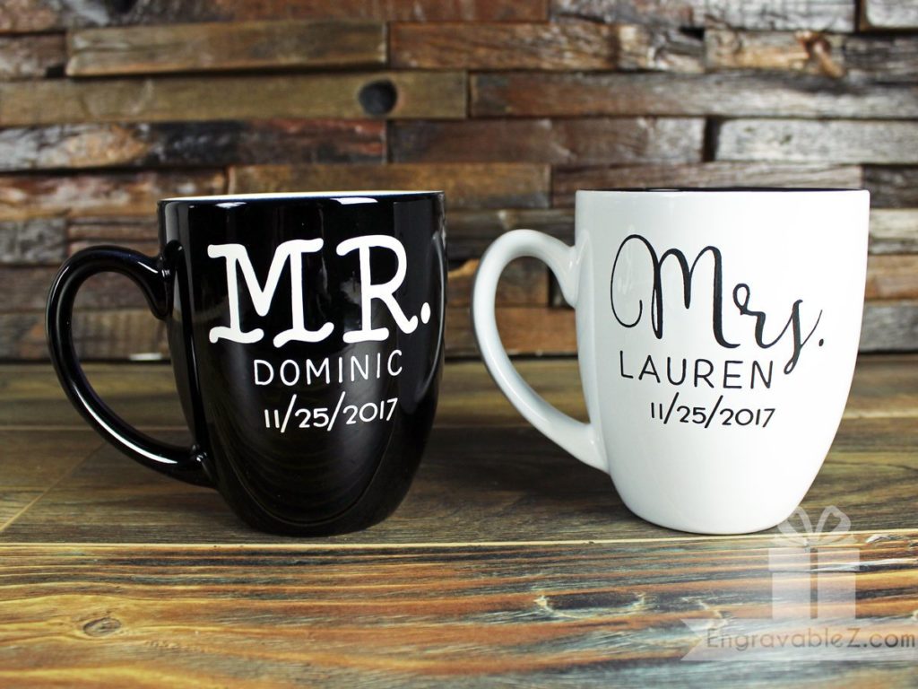 Custom Pair of Mugs - Black and White Wedding Set